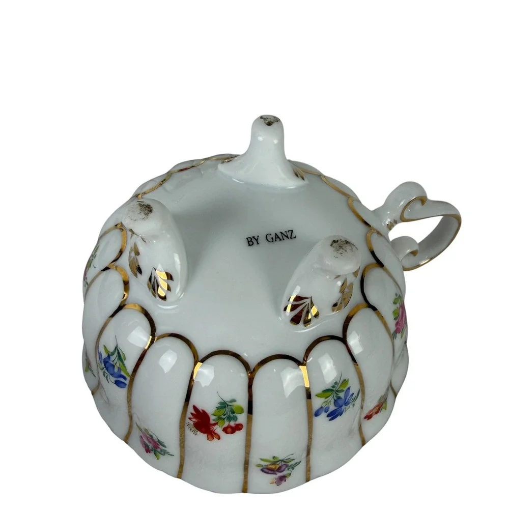 Ganz Floral Porcelain Tea for One Set White‎ Gold Trim Stackable Teapot Teacup